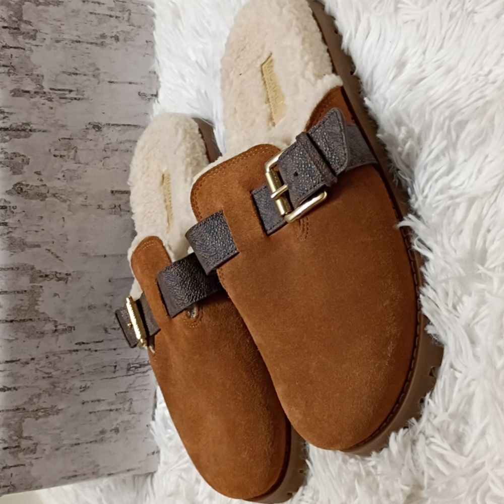 New Michael Kors Judd Brown Suede Mules Shearling Lined Lug Soles Size 7 - Picture 6 of 15